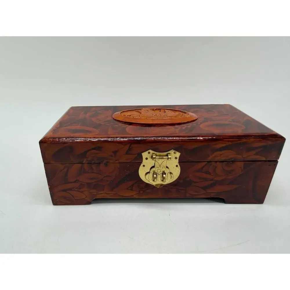Chinese Carved Wood Jewelry Box Duck Lotus Red Silk Lined Brass Latch